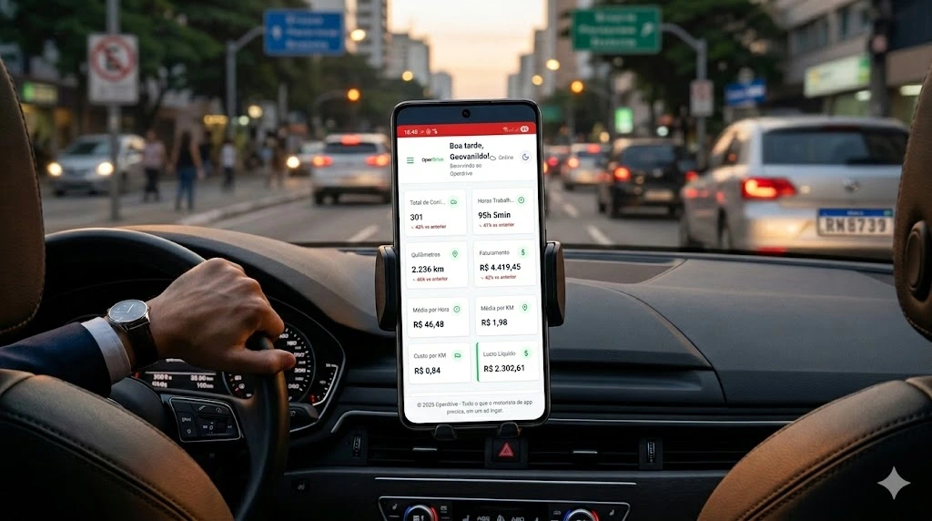 Celular em suporte de painel veicular mostrando aplicativo de gestão financeira e inteligência para motoristas de aplicativo.