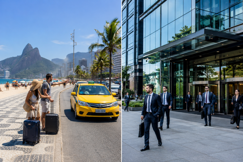 Imagem dividida mostrando turistas na praia de um lado e executivos em centro financeiro do outro, ilustrando a diferença de demanda para motoristas de app.