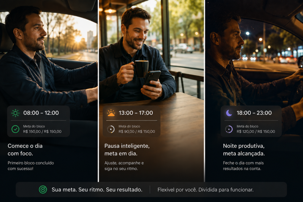 Composição visual de motorista da Uber em diferentes momentos: aceitando corrida de manhã e fazendo pausa para o café à tarde.
