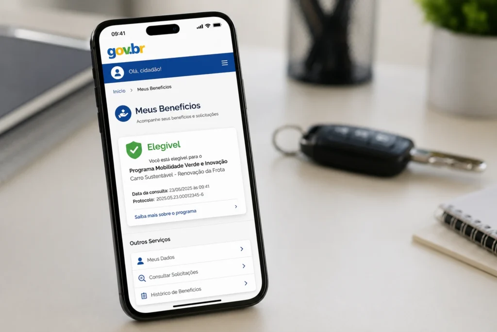 Tela de smartphone mostrando o aplicativo Gov.br com simulação de aprovação para a linha de crédito do programa Move Brasil.