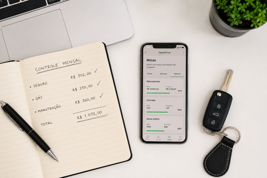 Caderno de anotações financeiras com custos de motorista ao lado de smartphone mostrando app OperDrive em mesa de madeira.