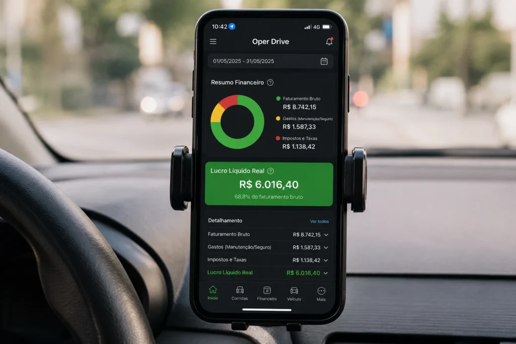 Aplicativo Oper Drive de controle financeiro aberto em smartphone no painel do carro mostrando gráficos de lucro líquido e custos por quilômetro rodado.