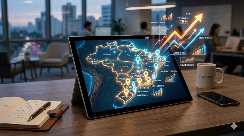 Mapa digital do Brasil com marcadores de localização brilhantes sobre mesa de madeira, representando as melhores cidades para trabalhar como motoristas de aplicativo.