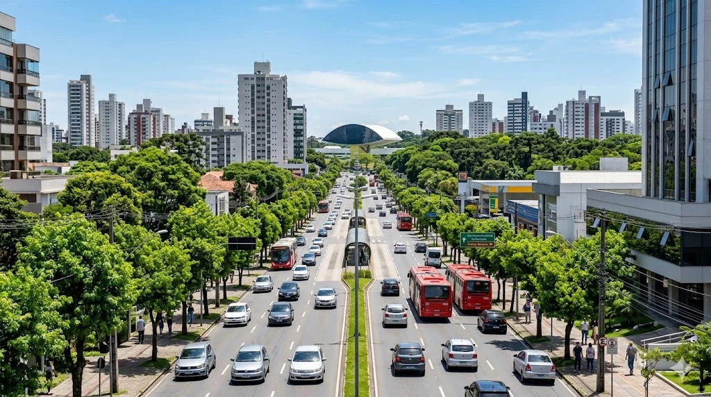 Trânsito fluindo normalmente em avenida planejada e arborizada de grande polo regional brasileiro sob luz do dia.