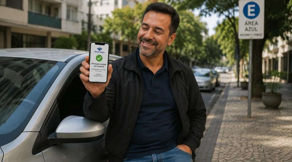 Motorista de aplicativo ao lado do carro com celular na mão, demonstrando alívio ao regularizar sua declaração do Imposto de Renda.