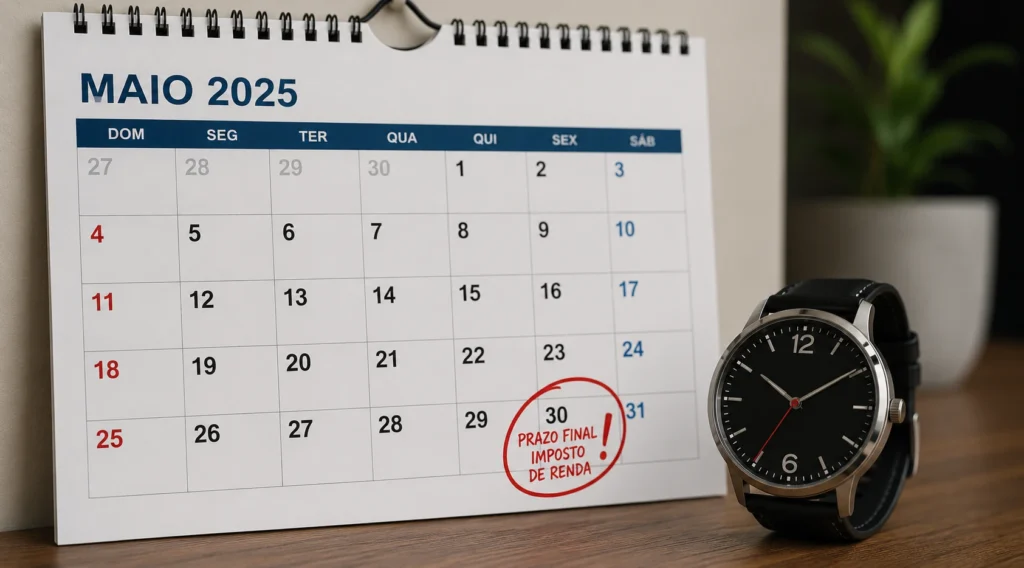 Calendário com marcação visual de prazo final e relógio de pulso, ilustrando a perda de prazo do Imposto de Renda.