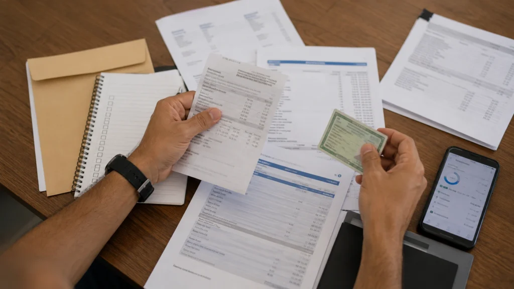 Documentos e extratos sendo organizados para análise de crédito