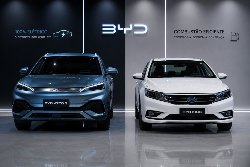 Sedã compacto e carro elétrico expostos lado a lado em estúdio iluminado.