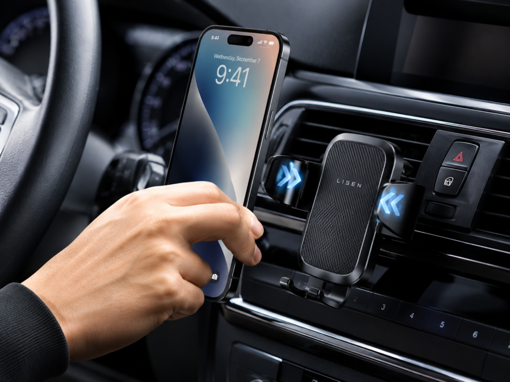 Close das mãos de um motorista inserindo o smartphone em um suporte veicular por gravidade na saída de ar com apenas uma mão.