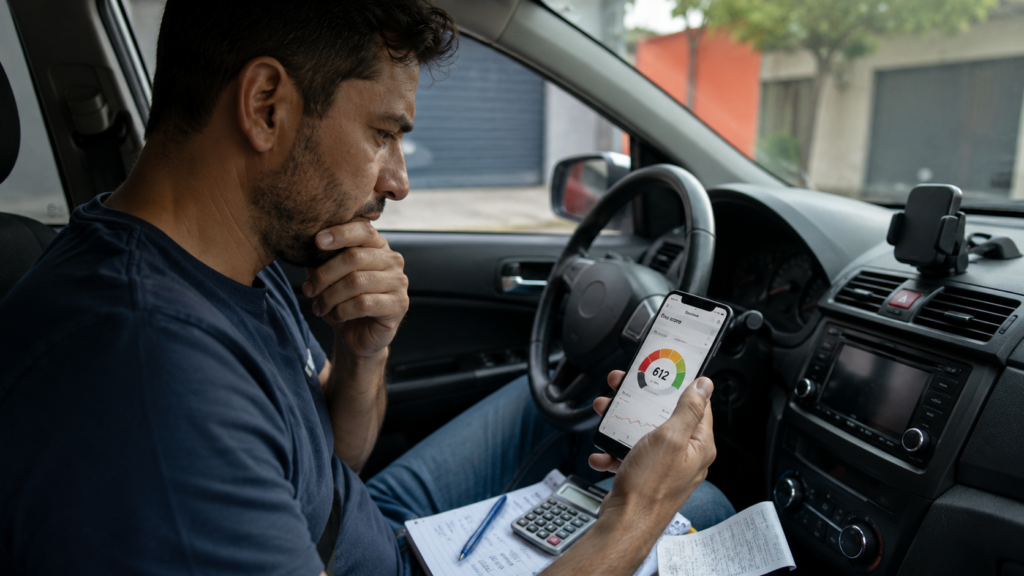 Motorista de aplicativo olhando score de crédito baixo no celular