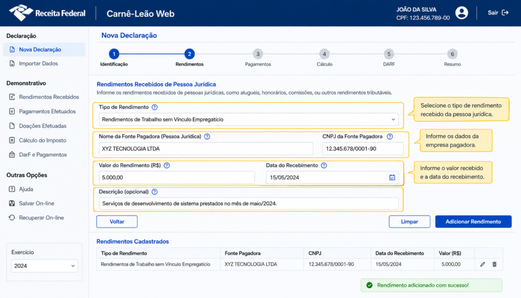 Interface do programa Carnê-Leão Web da Receita Federal destacando a área de preenchimento de rendimentos de pessoas físicas.