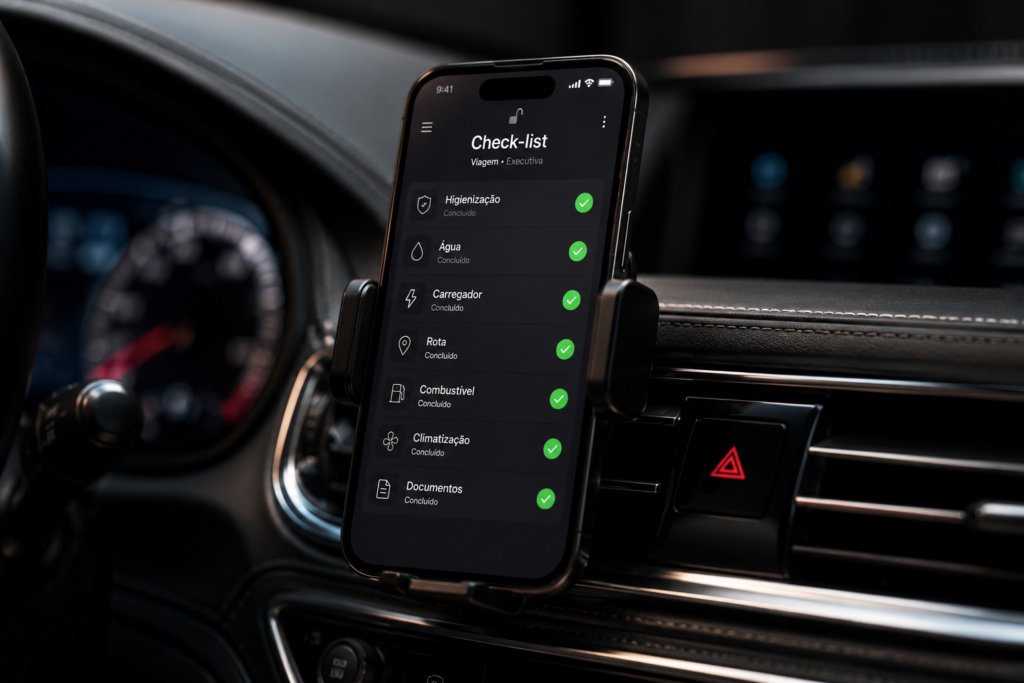 Smartphone em suporte de painel veicular exibindo tela de verificação e checklist.