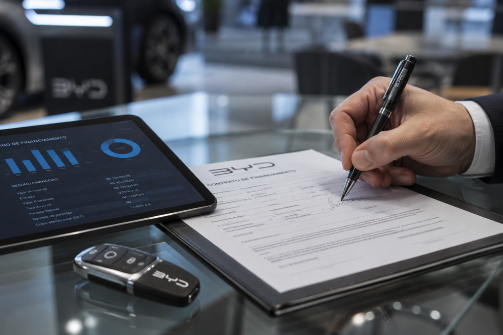 Mão assinando contrato de financiamento automotivo ao lado de uma chave de carro.