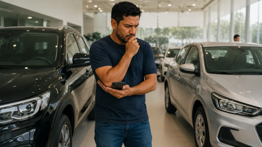 Motorista comparando carros e avaliando qual cabe no orçamento