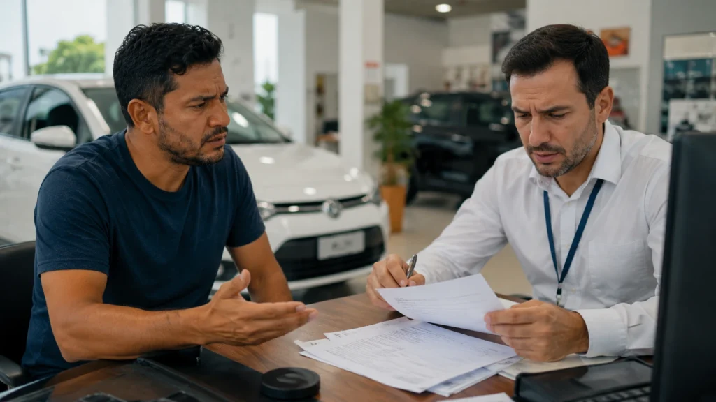Motorista de aplicativo sendo atendido em concessionária com processo confuso de financiamento