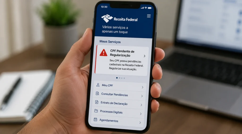 Smartphone exibindo tela de consulta de situação cadastral com o status de CPF Pendente de Regularização.