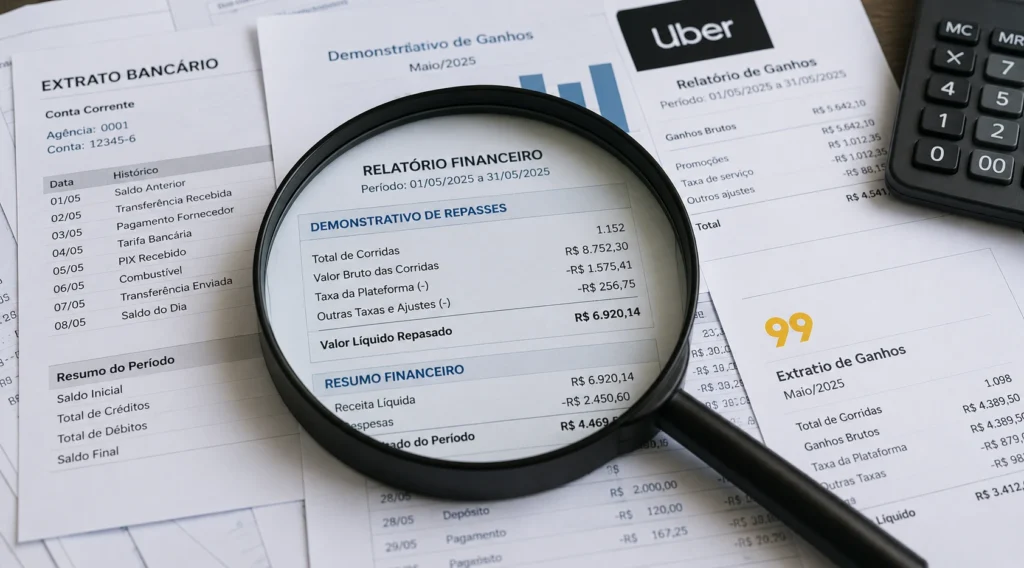 Lupa focando em dados de faturamento financeiro de motorista, simbolizando a fiscalização da malha fina.