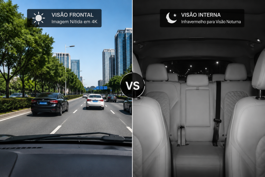 Motorista de aplicativo acessando vídeos da câmera veicular pelo celular via Wi-Fi.