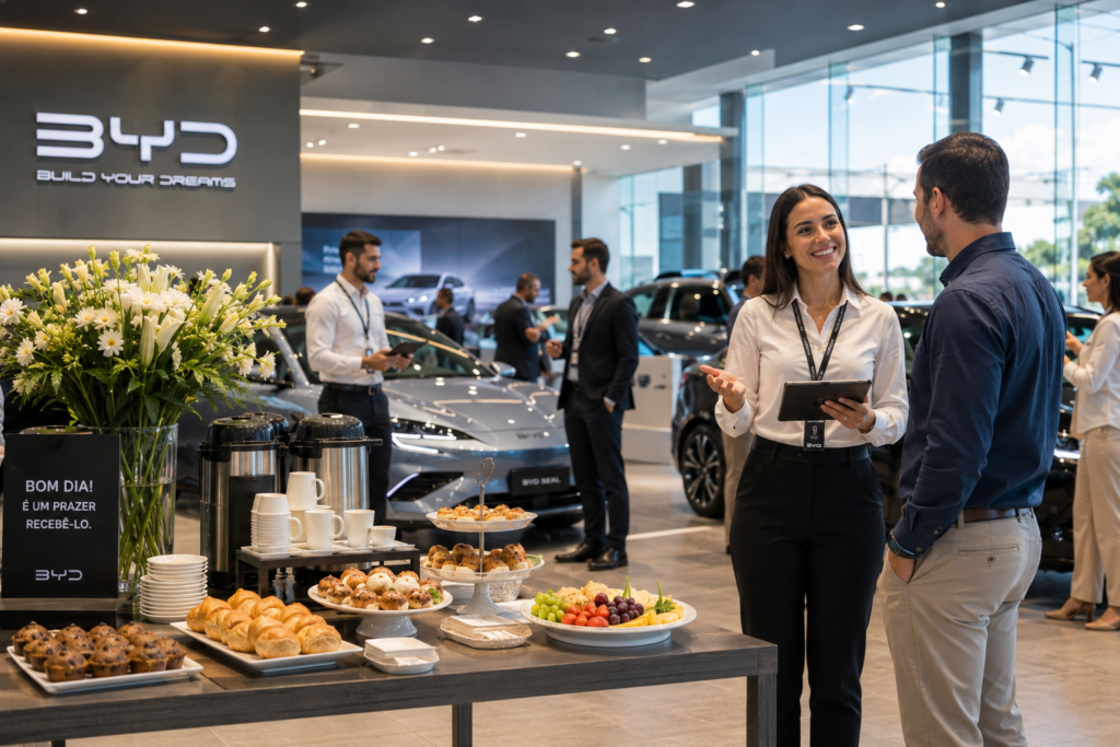 Mesa de coffee break montada dentro de salão de exposição de carros novos. Move Brasil