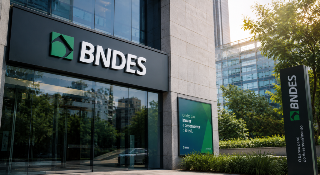 Fachada de instituição financeira parceira do BNDES para liberação do crédito Move Brasil.