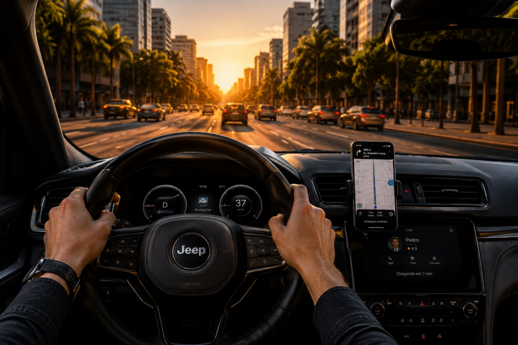 Visão interna de um motorista em carro premium com aplicativo de navegação no painel durante o pôr do sol. Uber Black