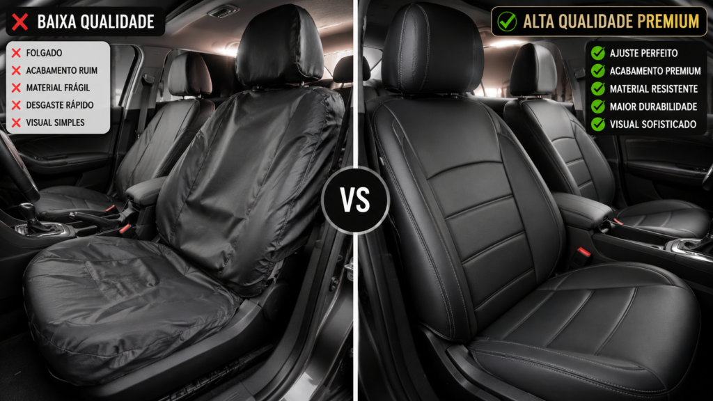 Comparativo visual mostrando a diferença entre uma capa automotiva universal com rugas e uma capa sob medida totalmente ajustada.