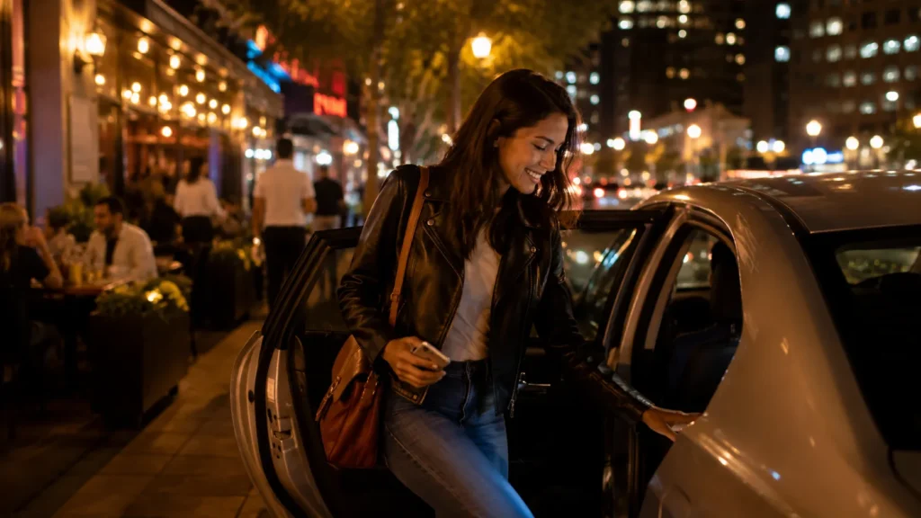 Passageiro entrando em carro de aplicativo à noite em rua movimentada com restaurantes ao fundo. Melhor horário para rodar na uber