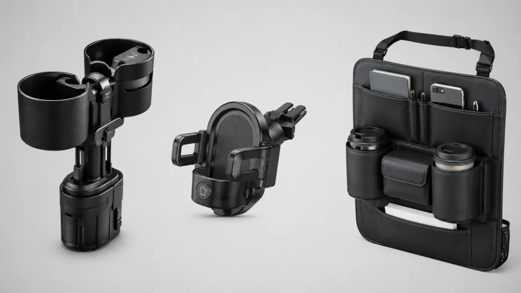 Três modelos diferentes de porta-copo para carro mostrando o extensor de console, o suporte de saída de ar e o organizador de banco traseiro.