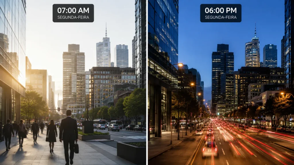 Representação visual dividida entre o movimento corporativo da manhã e o fluxo de trânsito ao final da tarde na cidade.