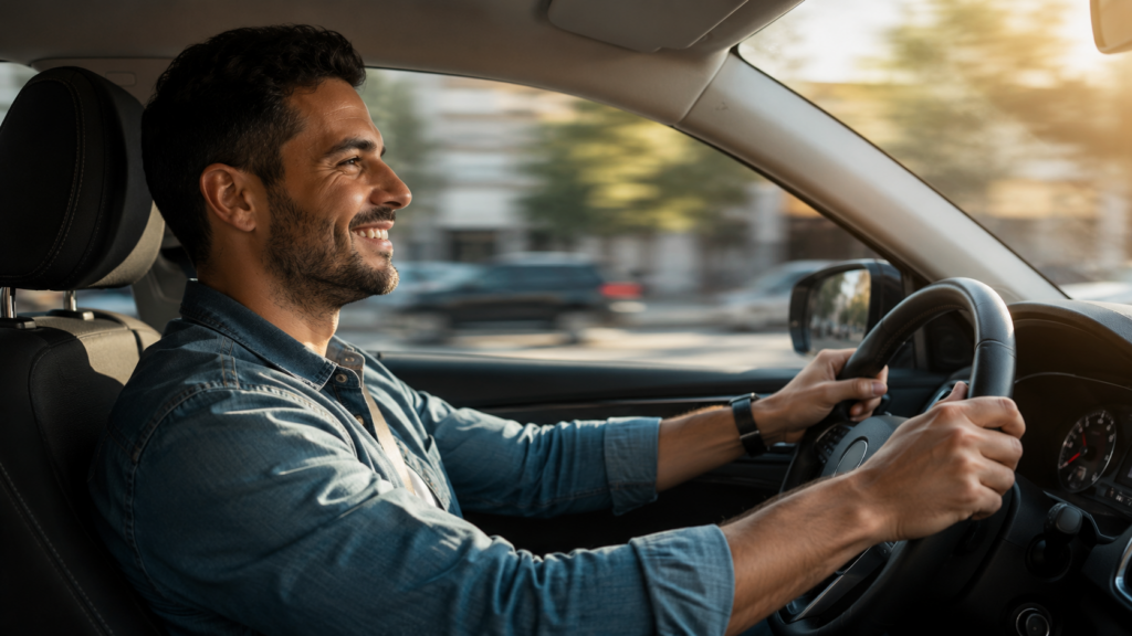 Motorista de aplicativo trabalhando feliz e tranquilo graças à manutenção preventiva do veículo em dia.