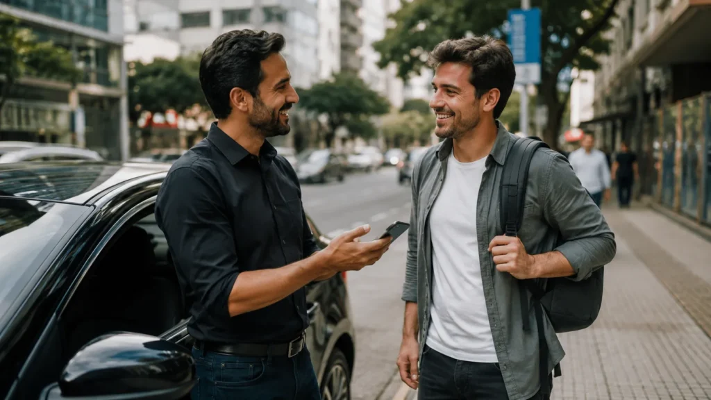 Passageiro e motorista conversando, exemplificando como funciona o indriver na prática.