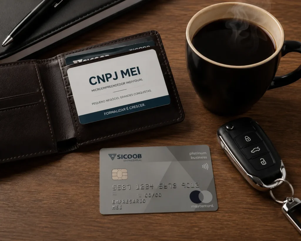 Carteira com cartão CNPJ MEI, cartão de crédito empresarial e chaves de carro sobre mesa de madeira