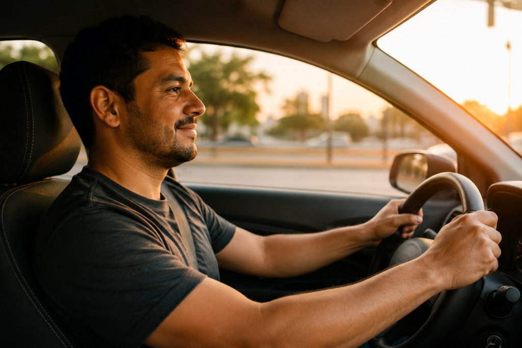 Motorista profissional sorrindo ao volante de carro moderno com iluminação natural suave da tarde.