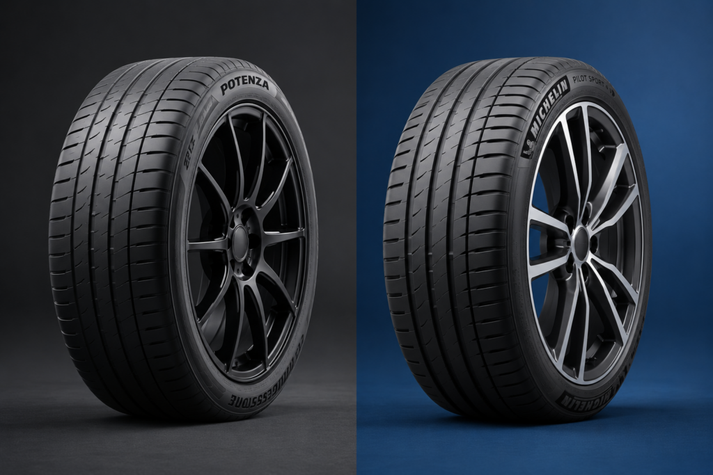 Comparação lado a lado de dois pneus de alta performance para carros compactos.
