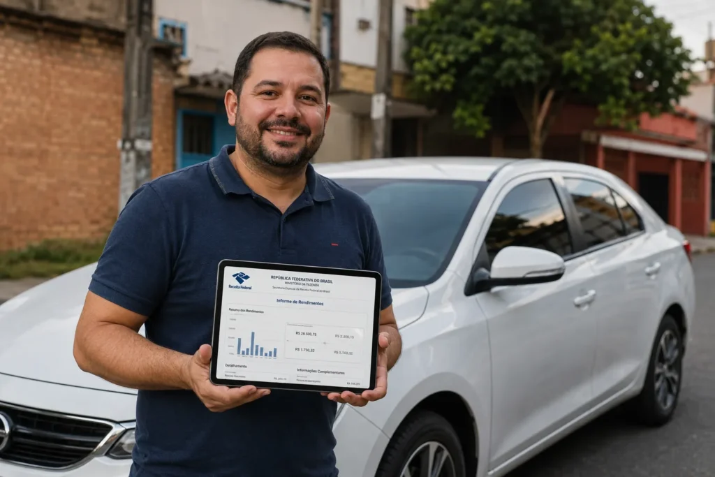 Motorista de aplicativo segurando tablet com documentos digitais ao lado de seu carro.