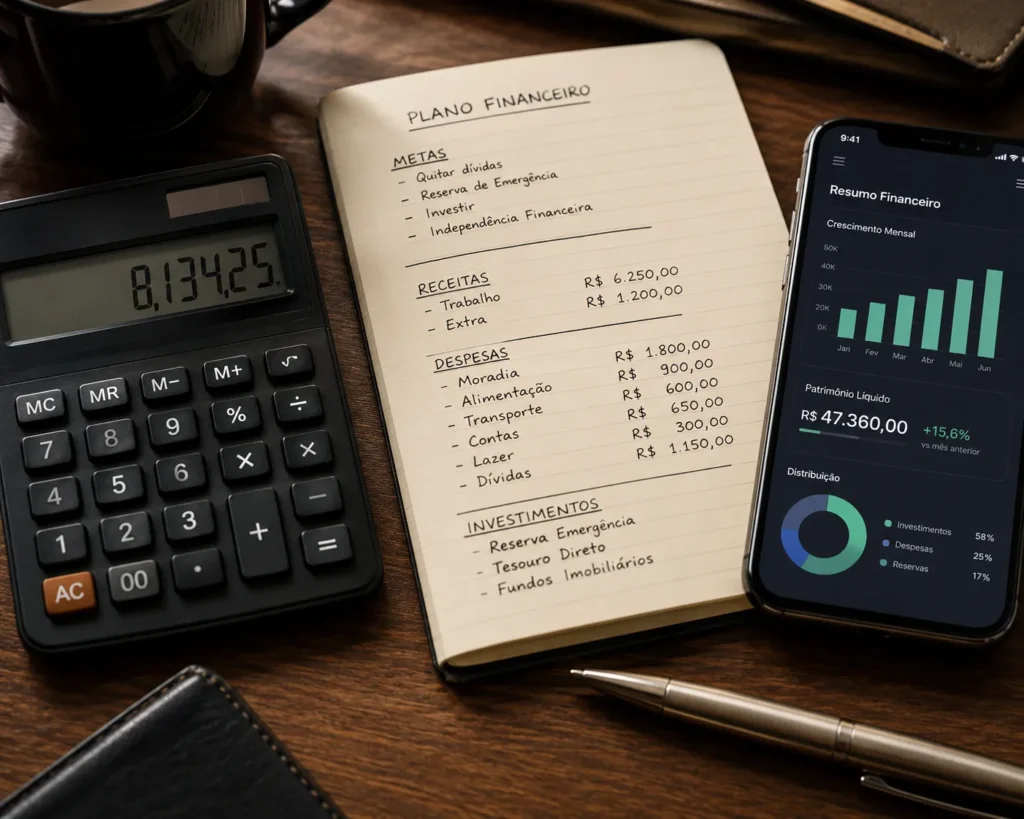 Calculadora, smartphone com gráfico financeiro de crescimento e bloco de notas com contas.