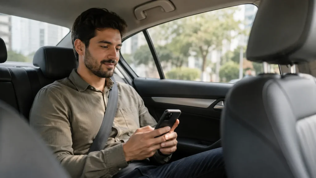 Passageiro utilizando o smartphone dentro do veículo para entender como funciona o indriver.