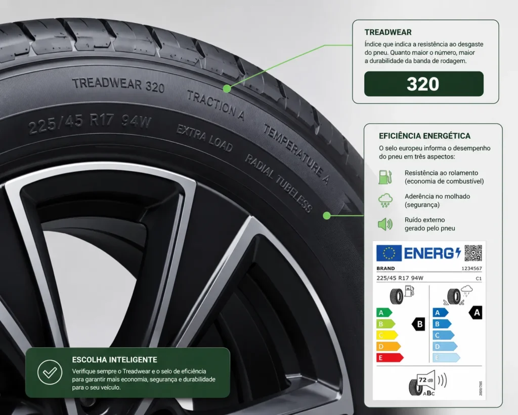 Detalhe técnico da lateral de um pneu mostrando onde localizar o índice de Treadwear e as classificações de segurança. Melhor pneu para uber.