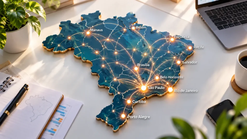 Mapa conceitual do Brasil indicando onde o lady driver funciona em quais cidades e regiões.