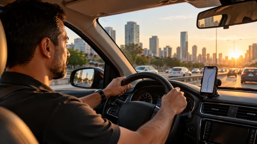 Motorista analisando o horário de pico Uber pela manhã.