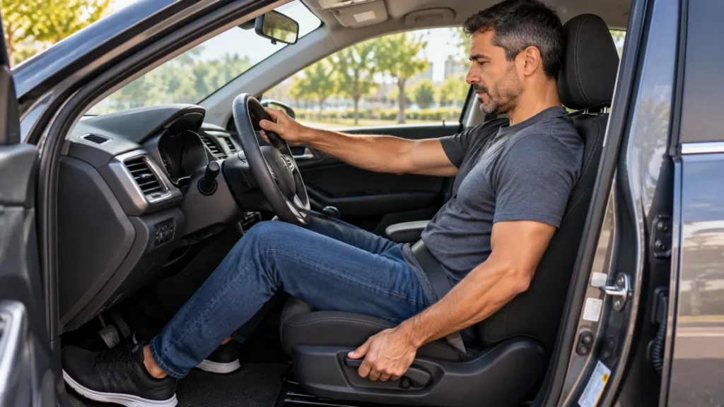 Motorista ajustando o banco do carro como parte dos cuidados ergonômicos associados aos exercícios para motorista de aplicativo.