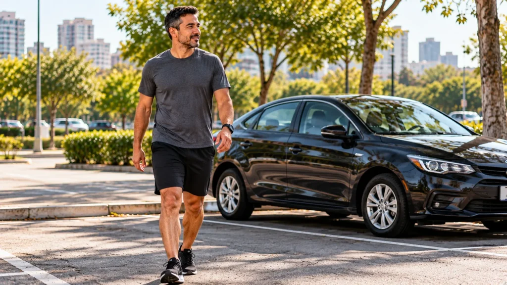 Motorista aproveitando uma pausa para caminhar e praticar exercícios para motorista de aplicativo.