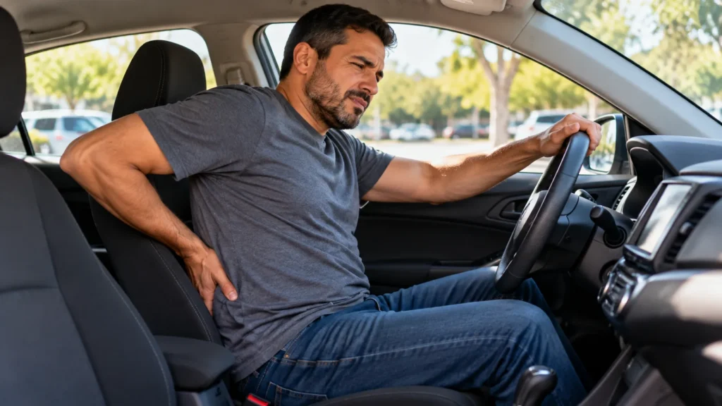 Motorista sentado após horas dirigindo, contexto dos exercícios para motorista de aplicativo e das dores nas costas.