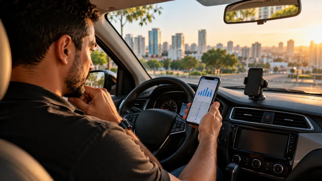 Motorista consultando dados para descobrir o horário de pico Uber na cidade.