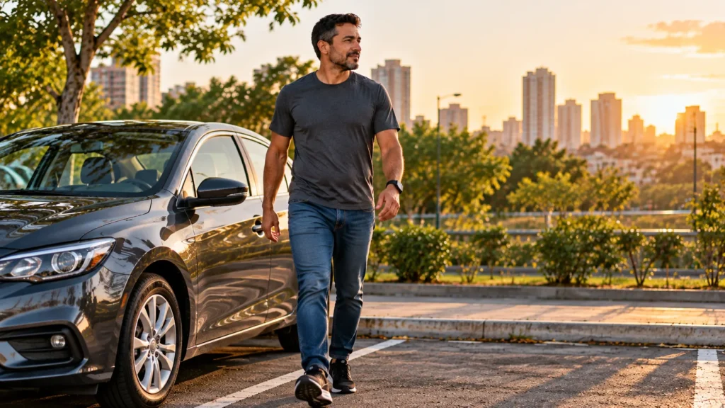 Motorista incorporando exercícios para motorista de aplicativo e caminhadas à rotina de trabalho.